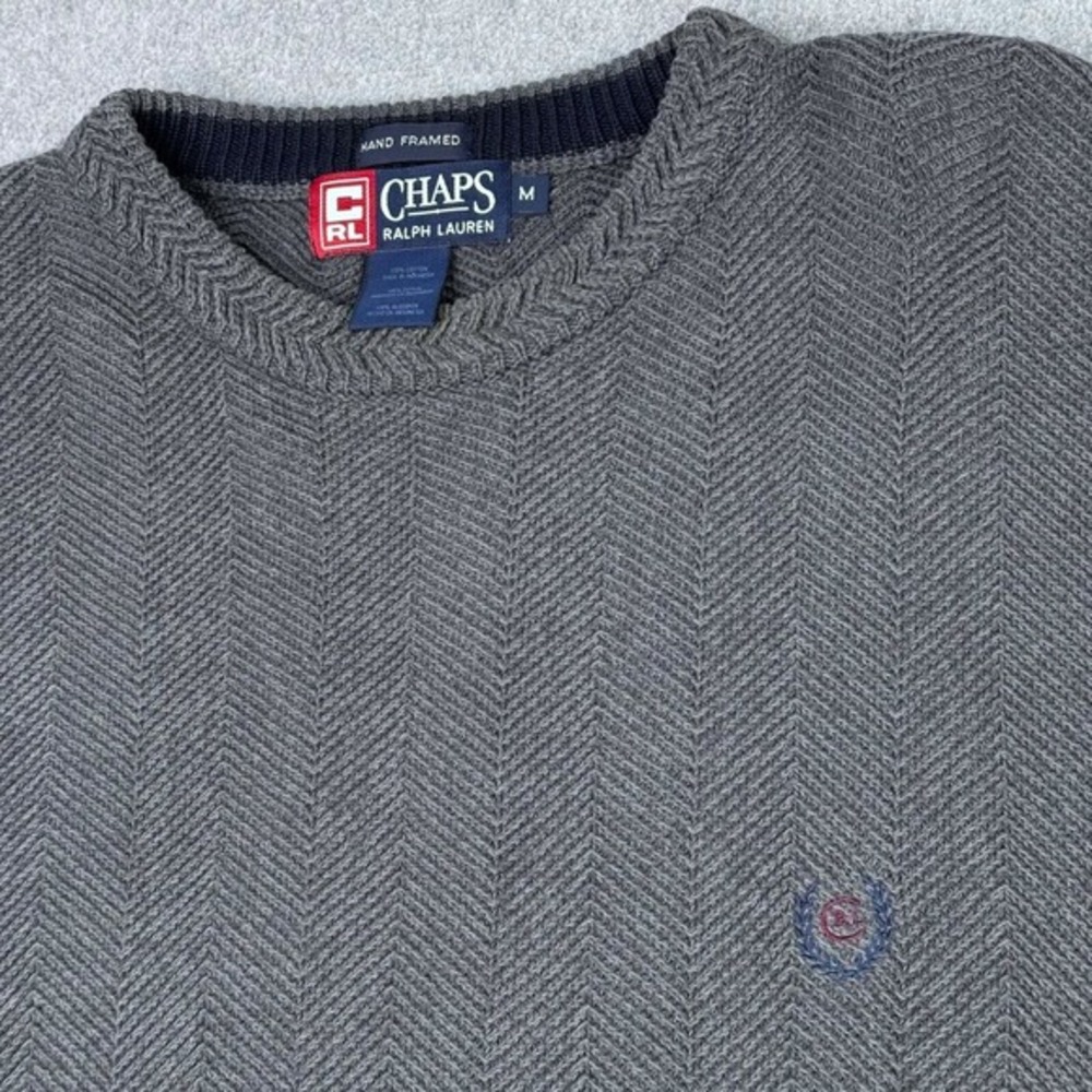 VTG‎ RL Chaps Crest Mens Medium Cable Knit Crew Neck Sweater Gray Fisherman